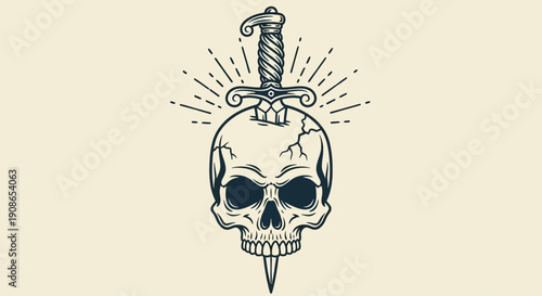 A dagger pierces a skull with cracked bones and dark eyes, emitting sharp rays, an illustration of danger and mortality