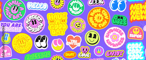 Vector Groovy Stickers Cool Collage. Trendy Y2k Patches Pattern Background. Set Of Funny Funky Retro Pop Art Badges.