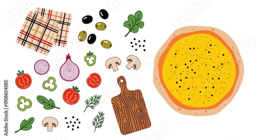 Pizza ingredients and a prepared pizza on a kitchen counter with ingredients arranged around it