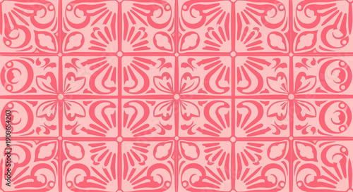 Intricate pattern of pink floral designs on square tiles, showcasing ornate details and repetitive motifs in a grid arrangement from a top-down viewpoint