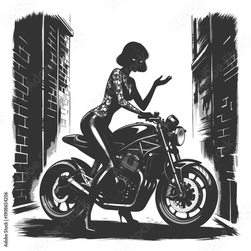 tattooed woman in high heels and tight clothing posing on a motorcycle between shadowy urban alley walls sketch engraving generative ai vector illustration. Scratch board imitation. Black and white.