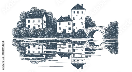 Serene village scene with traditional architecture reflected perfectly in calm river waters, viewed from a distance