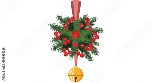 A festive Christmas decoration featuring a green wreath with red berries and a golden bell hanging from a red ribbon.