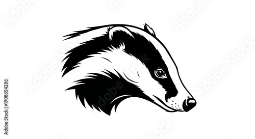 Black and white illustration of a badger's head profile viewed from the side with detailed fur texture