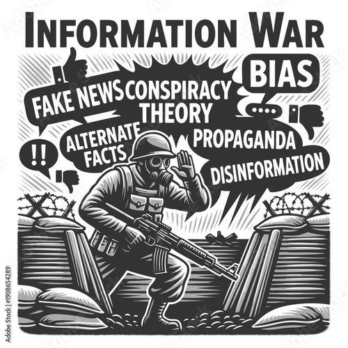 soldier in a trench, surrounded by words like fake news, bias, and conspiracy theories sketch engraving generative ai fictional character vector illustration. Scratch board. Black and white image.