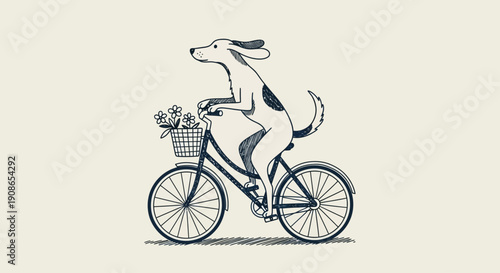 A dog riding a bicycle with a basket of flowers from a front viewpoint