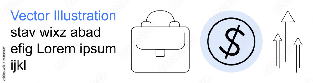 Obraz premium Business growth, finance concepts, investments, success, market trends, productivity. Minimalist design with briefcase, dollar sign upward arrows. Business growth and finance concepts visual