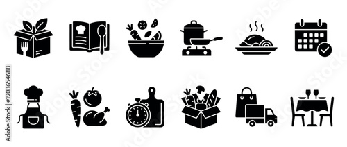Set of black glyph icons for meal kit delivery services showing a recipe book, cooking process, fresh ingredients, and scheduled home dining in a minimalist vector style