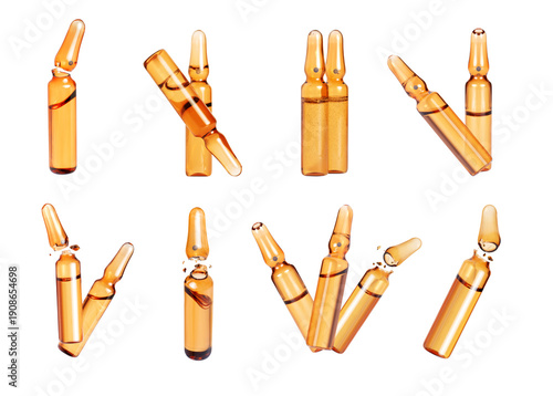 Set of yellow crushed and whole cosmetic or medical ampoules isolated on a white background