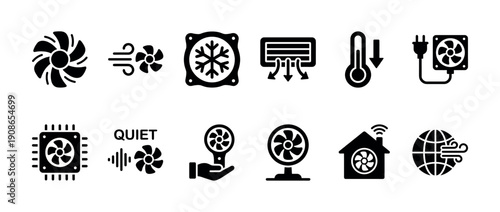 Black solid glyph icon set for ventilation and cooling systems, featuring symbols for fans, air conditioners, airflow, quiet operation, and smart home climate control