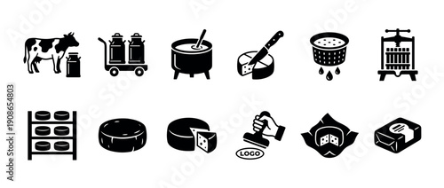 Black glyph icon set illustrating the traditional cheese making process from cow and milk to finished product, including equipment like a press, pot, and knife for cutting
