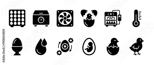 Set of black solid glyph icons representing the process of egg incubation and poultry farming, including symbols for an incubator, thermometer, embryo, hatching chick, and equipment