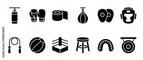 Black glyph icon set of boxing equipment including punching bag, gloves, headgear, and ring for combat sports training and competition, presented in a minimalist silhouette style