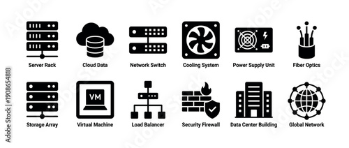 Collection of black glyph icons representing data center and network infrastructure elements like server racks, cloud data, firewalls, and virtual machines in a minimalist flat style