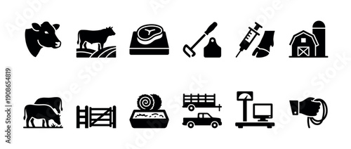 Collection of black glyph icons representing cattle farming, beef production, and ranching, featuring symbols for livestock, a barn, steak, and agricultural equipment