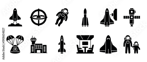 Collection of black space exploration icons featuring a rocket launch, astronaut, satellite, space shuttle, and mission control building in a minimalist glyph style