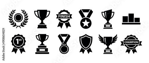 Collection of black award and trophy icons representing victory, achievement, and competition, featuring medals, cups, ribbons, and a winner's podium in a flat graphic style