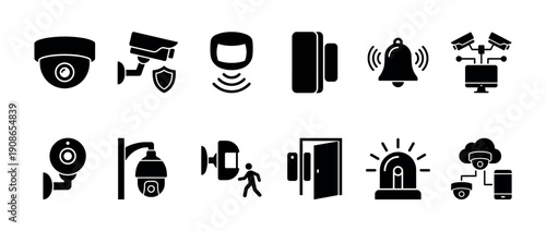 Black glyph icon set for security systems featuring CCTV surveillance cameras, motion detectors, door sensors, alarm sirens, and remote cloud monitoring technology