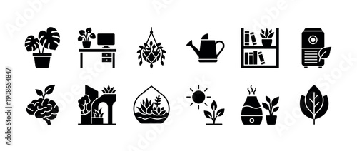 Collection of black glyph icons representing houseplants, indoor gardening, and biophilic design elements, including a monstera, terrarium, watering can, and humidifier symbols