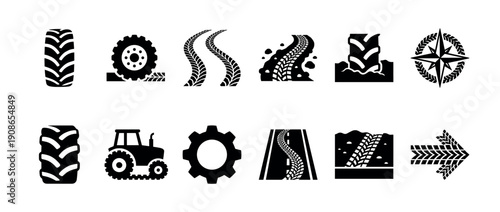 Collection of black tire track icons and vehicle silhouettes showing off-road driving, tractor wheels, mud prints, and graphic symbols like a gear, arrow, and compass rose