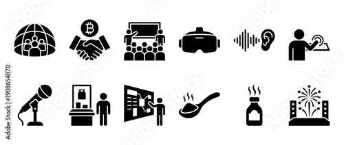 Set of black glyph icons representing business, technology, and events, including cryptocurrency, VR, presentations, and celebrations, in a minimalist flat design style