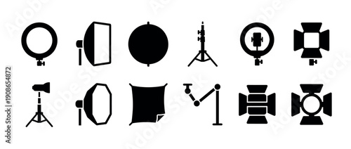 Photography studio lighting equipment icon set featuring black glyphs of a ring light, softbox, reflector, tripod, and spotlight for professional photo and video production