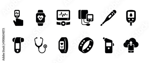 Set of black glyph icons representing medical devices and health monitoring gadgets like a smartwatch, glucometer, thermometer, and fitness tracker for digital healthcare concepts