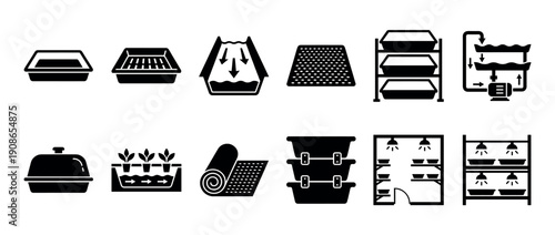 Black glyph icons showing equipment for growing microgreens and seedlings, featuring trays, hydroponic systems, grow racks with lights, and other supplies for indoor urban farming