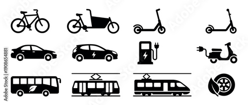 Collection of black sustainable transportation icons representing green mobility with an electric car, bike, scooter, bus, tram, and train in a simple flat pictogram style
