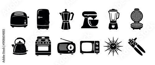 Set of twelve black kitchen appliance icons in a minimalist glyph style, featuring a toaster, refrigerator, blender, kettle, stove, and microwave