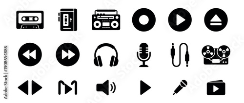 Set of black glyph icons for music and audio players showing various media controls and equipment like cassettes, headphones, microphones, and playback buttons in a flat design