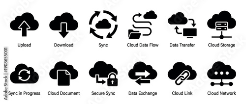 Set of black glyph icons for cloud computing technology, showing symbols for upload, download, sync, data transfer, storage, security, and network connections in a minimalist vector style
