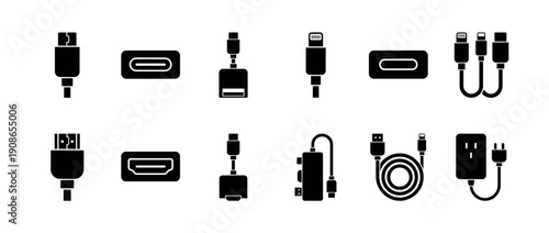 Various black computer cable and connector icons including video ports, data transfer plugs, mobile device chargers, and multi-port adapters in a minimalist glyph style