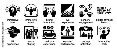 Set of twelve black glyph icons representing experiential marketing concepts like immersive events, brand interaction, VR, and live performance for business presentations