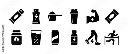 Black glyph icon set for sports nutrition and fitness, featuring protein bar, energy drink, supplement powder, shaker bottle, and muscle symbols for athletic performance