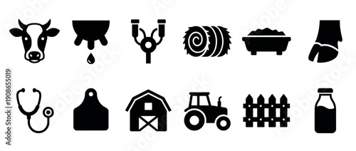 Set of black glyph icons for dairy farming featuring a cow head, udder, tractor, barn, milk bottle, and stethoscope, representing agricultural and livestock management concepts