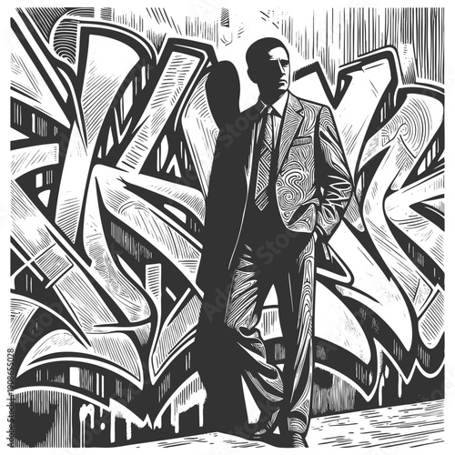 man in a modern suit posing in front of a graffiti-covered wall, blending elegance and street art sketch engraving generative ai fictional character vector illustration. Scratch board. Black and white