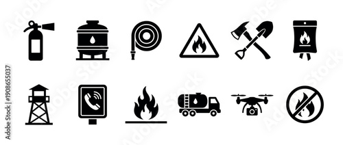 Collection of black firefighting and safety glyph icons featuring an extinguisher, water tanker, hose, drone, warning sign, and other emergency response symbols