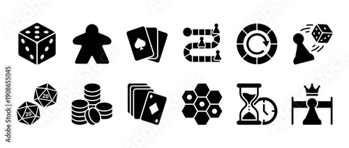 Set of black board game icons featuring dice, meeple, playing cards, pawns, chips, and an hourglass for tabletop gaming and entertainment concepts in a simple silhouette style