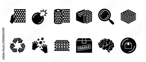 Bubble wrap and packaging icon set with black solid glyphs showing a roll, fragile box, shipping symbols, recycling, and the satisfying sensory experience of popping bubbles