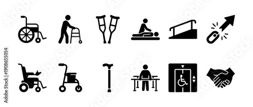Disability and accessibility black solid icon collection showing a wheelchair, walker, crutches, ramp, and rehabilitation symbols for medical and support concepts