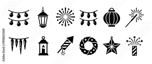 Set of black holiday celebration icons featuring string lights, lanterns, fireworks, a wreath, and a star ornament in a simple minimalist glyph style for festive design