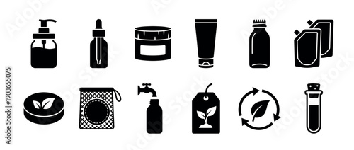 Set of black glyph icons for eco-friendly cosmetics and zero waste lifestyle products including refillable bottles, natural soap, and recyclable packaging for sustainable beauty