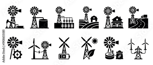 Collection of black windmill and energy icons representing farming, agriculture, renewable power, and rural industry in a simple flat silhouette vector graphic style