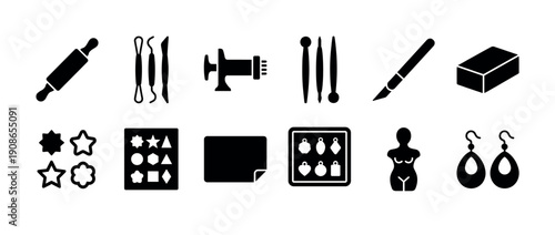 Set of black glyph icons for polymer clay crafting and jewelry making tools including a rolling pin, extruder, cutters, and molds for creating handmade accessories and sculptures