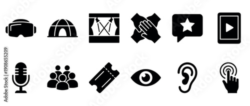 Collection of black glyph icons representing entertainment, events, and media concepts like virtual reality, performance, audience, and interaction, presented in a clean minimalist style