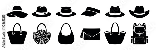 Collection of black silhouette icons of various summer hats and bags for men and women, including fedora, tote, backpack, and clutch, presented in a minimalist graphic style