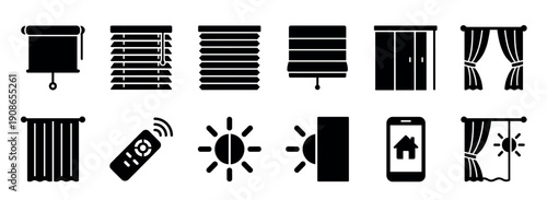 Black silhouette icon set of window coverings and smart home light control systems, featuring various blinds, curtains, remote, and smartphone app symbols for interior design