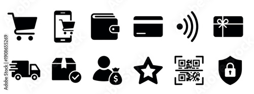 Set of black e-commerce icons for online shopping, including symbols for payment, delivery, security, and customer rating, presented in a clean, minimalist glyph style