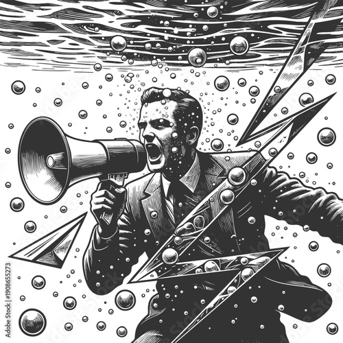 man in a suit yelling into a megaphone while submerged underwater, symbolizing struggle to be heard sketch engraving generative ai vector illustration. Scratch board imitation. Black and white image.
